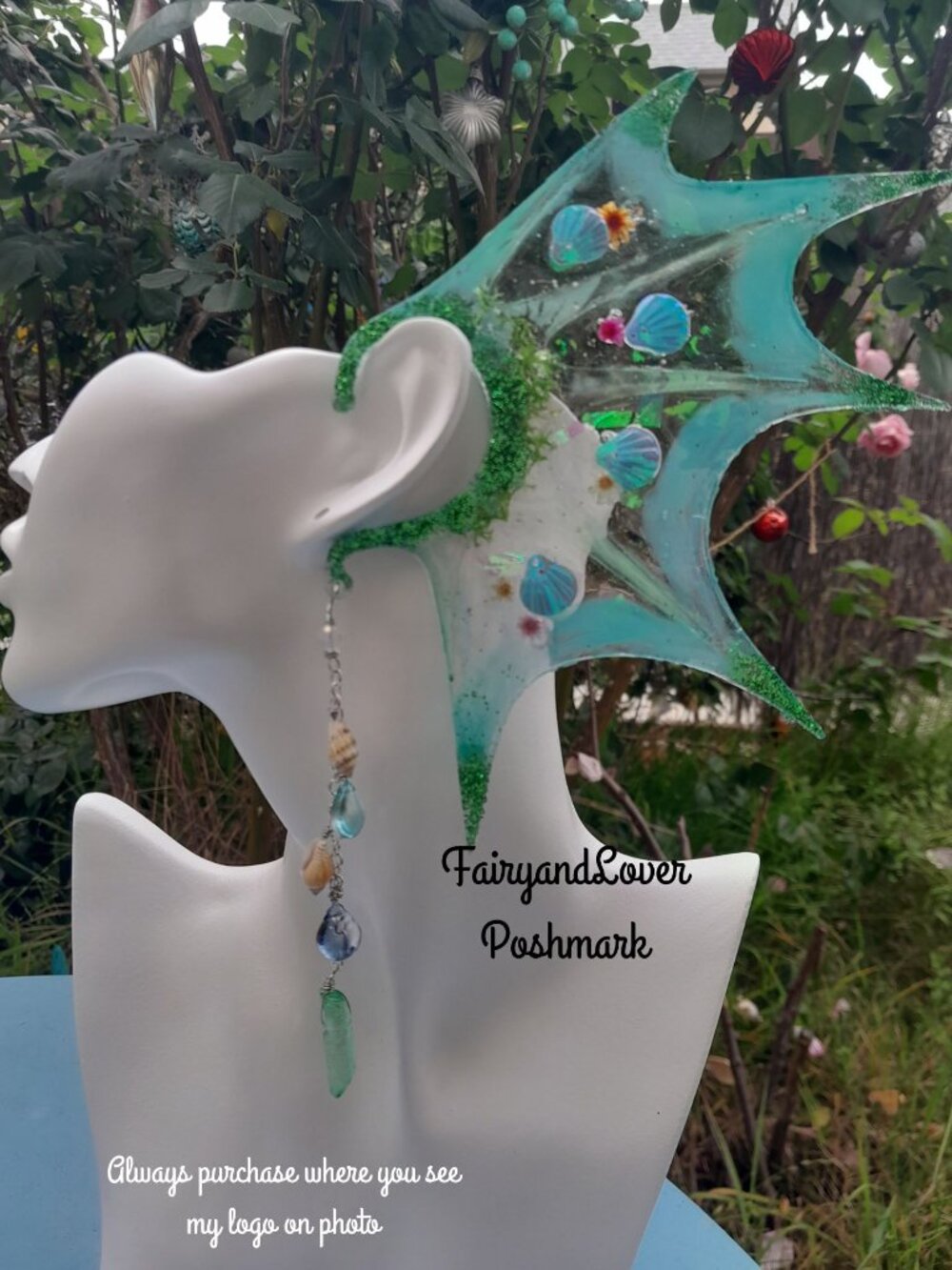 mermaid fin botanical moss ear cuff wrap quartz earrings,fairy mermaid accessory
